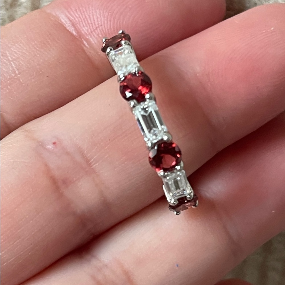 Natural Garbet & Moissanite Half Eternity Ring in 925 Sterling Silver Size 9